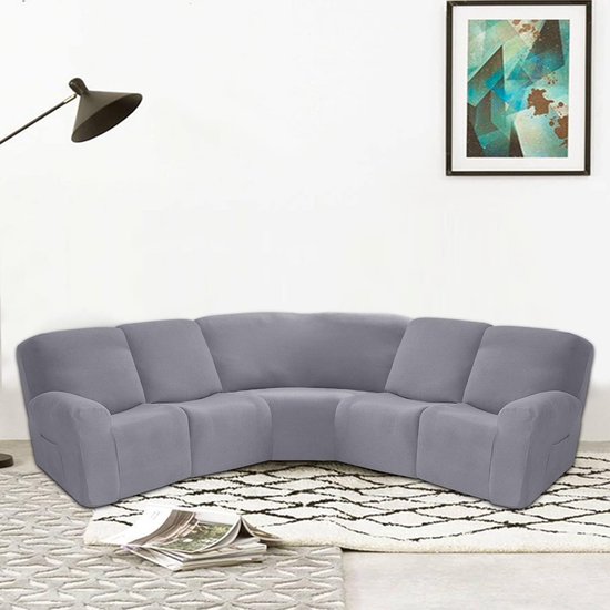 7 Stuks L-vorm Sectioneel Relax Fauteuilhoes Elastisch 5 Zits Hoes Fauteuil voor Woonkamer, Spandex Jacquardstof Kleine Ruitjes-marineblauw — afbeelding 4