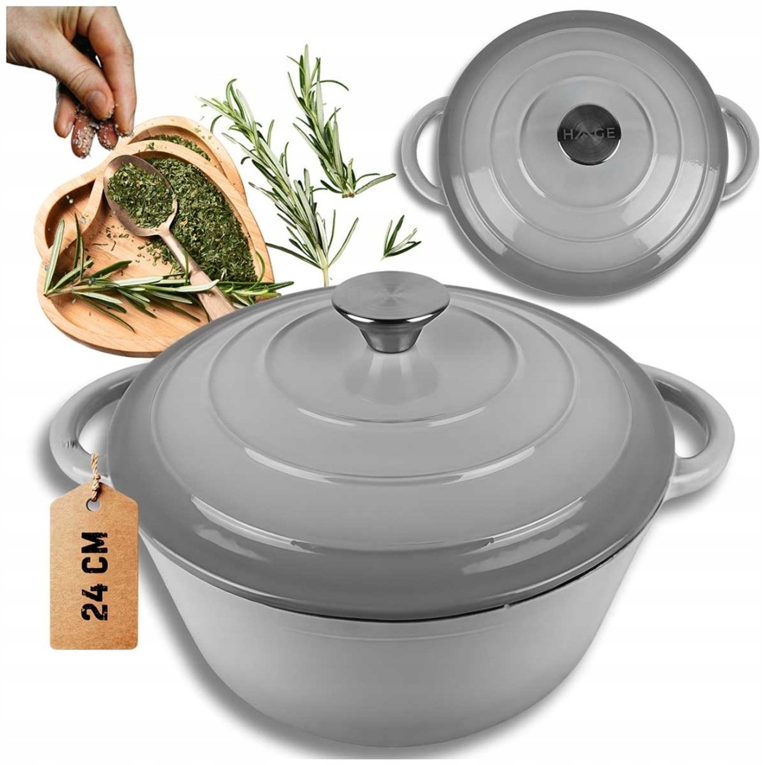 Gietijzeren Emaille Pan met Deksel - 4L - Ø 24 cm - Grijs