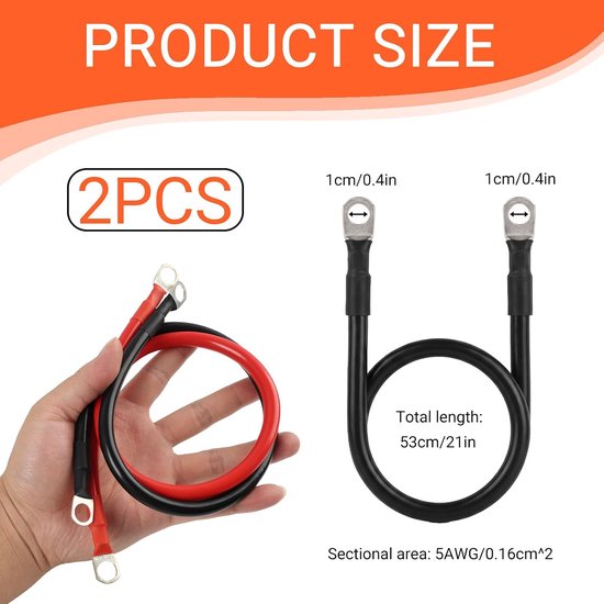 2 stuks accu-omvormerkabels met kabelschoenen van vertind koper, 16 mm², startkabel voor auto, startkabel, motorfiets, geïsoleerd van pvc voor vrachtwagens, auto's, motorfietsen, boten — afbeelding 2