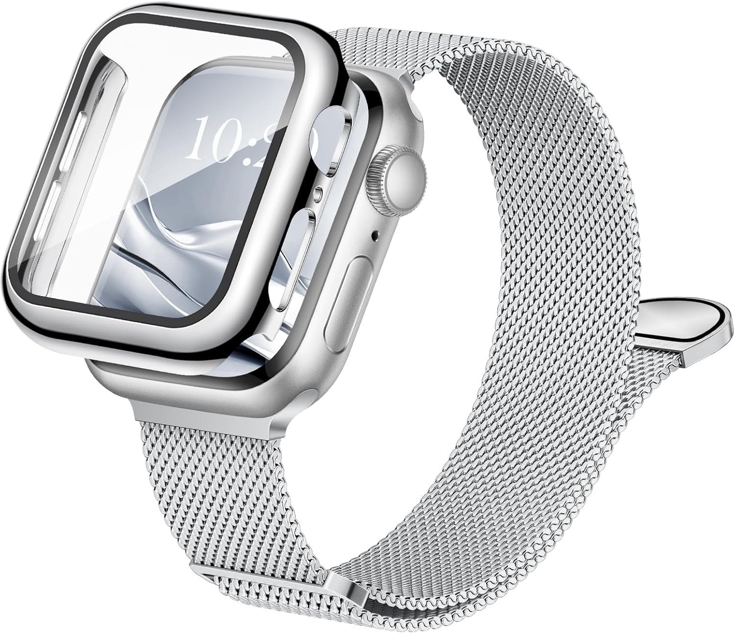 3-in-1 compatibel met Apple Watch bandjes 40/41/44/45/46mm met hoesje en schermbeschermer, dubbele magnetische band en beschermhoes met 9H gehard glas voor iWatch Series SE 11 10 9 8 7 6 5 4