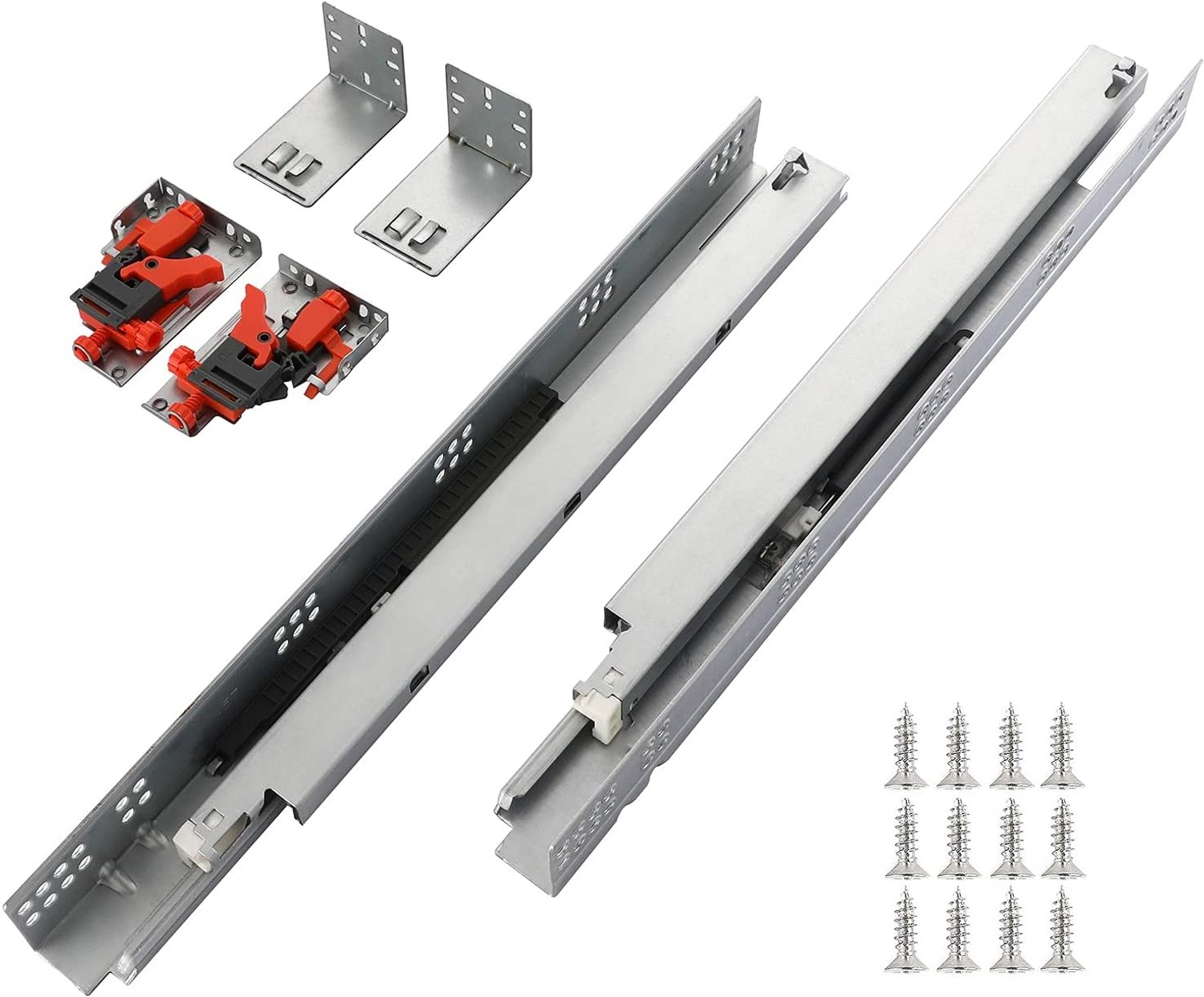 6 paar van 18 inch onderbouw zachte dichte ladedia's volledige uitbreiding verborgen laderails met bevestigingsschroeven, 3D-vergrendelingsapparaat en beugels