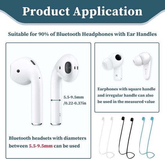 3 stuks bandjes voor AirPods, band voor AirPods, bevestigingsband compatibel met AirPods Pro 2/1 en AirPods 1/2/3, houder band met 70 cm, kleuren: zwart, wit, blauw, ideaal voor sport en dagelijks — afbeelding 4