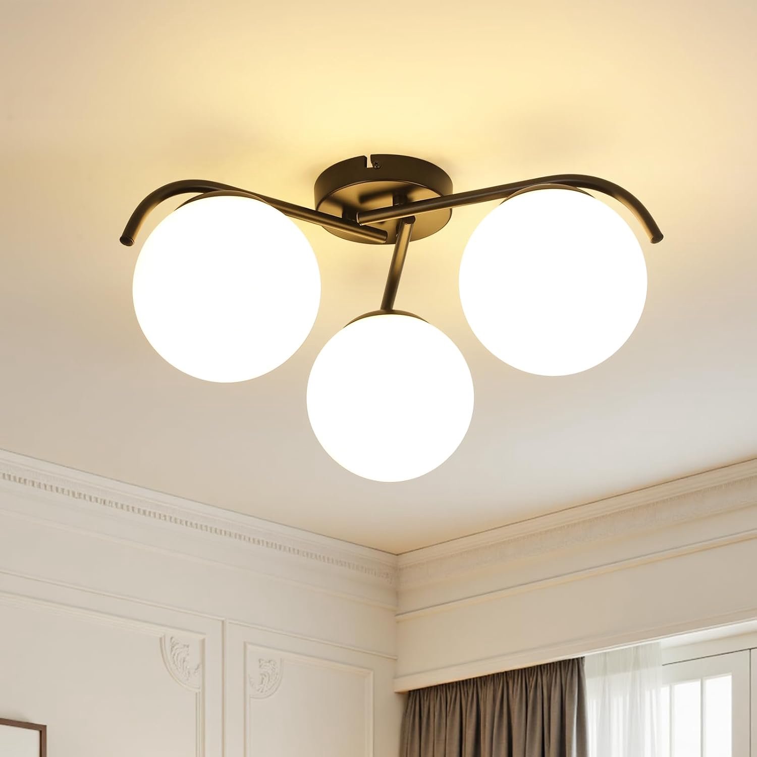 Modern Plafondlamp Gastor E27, 3-vlam plafondlamp in witte glazen globe, ronde glazen lamp woonkamerlamp met E27 lampaansluiting voor slaapkamer keuken eetkamer (zonder lamp)