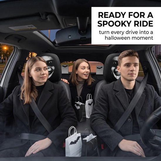 2 stuks horrorhoofdsteunhoezen met griezelig gezicht, grappige autohoofdsteunhoes voor Halloween, universele auto-accessoires van elastische stof, opdruk voor achter — afbeelding 3