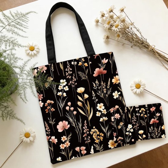 2 stuks canvas draagtas voor dames met make-uptas, skelet, zon en maan, wilde bloemen, herbruikbare boodschappentas, esthetische boodschappentas voor sportschool — afbeelding 5