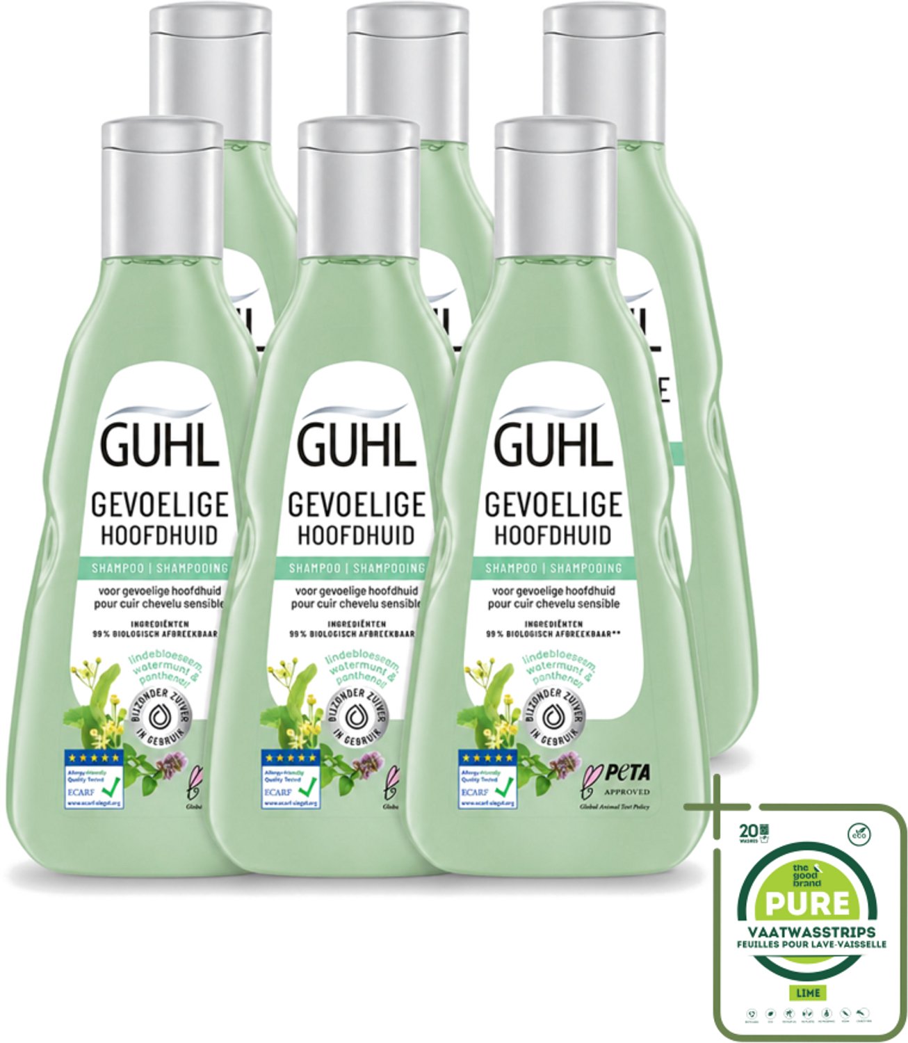 6 x Guhl - Shampoo - Gevoelige Hoofdhuid - 250 ml - Grootverpakking - Vaatwasstrips - Gevoelige Hoofdhuid - Kalmerende Shampoo - Droge Hoofdhuid - Hoofdhuid Verzorging - Haar Verzorging