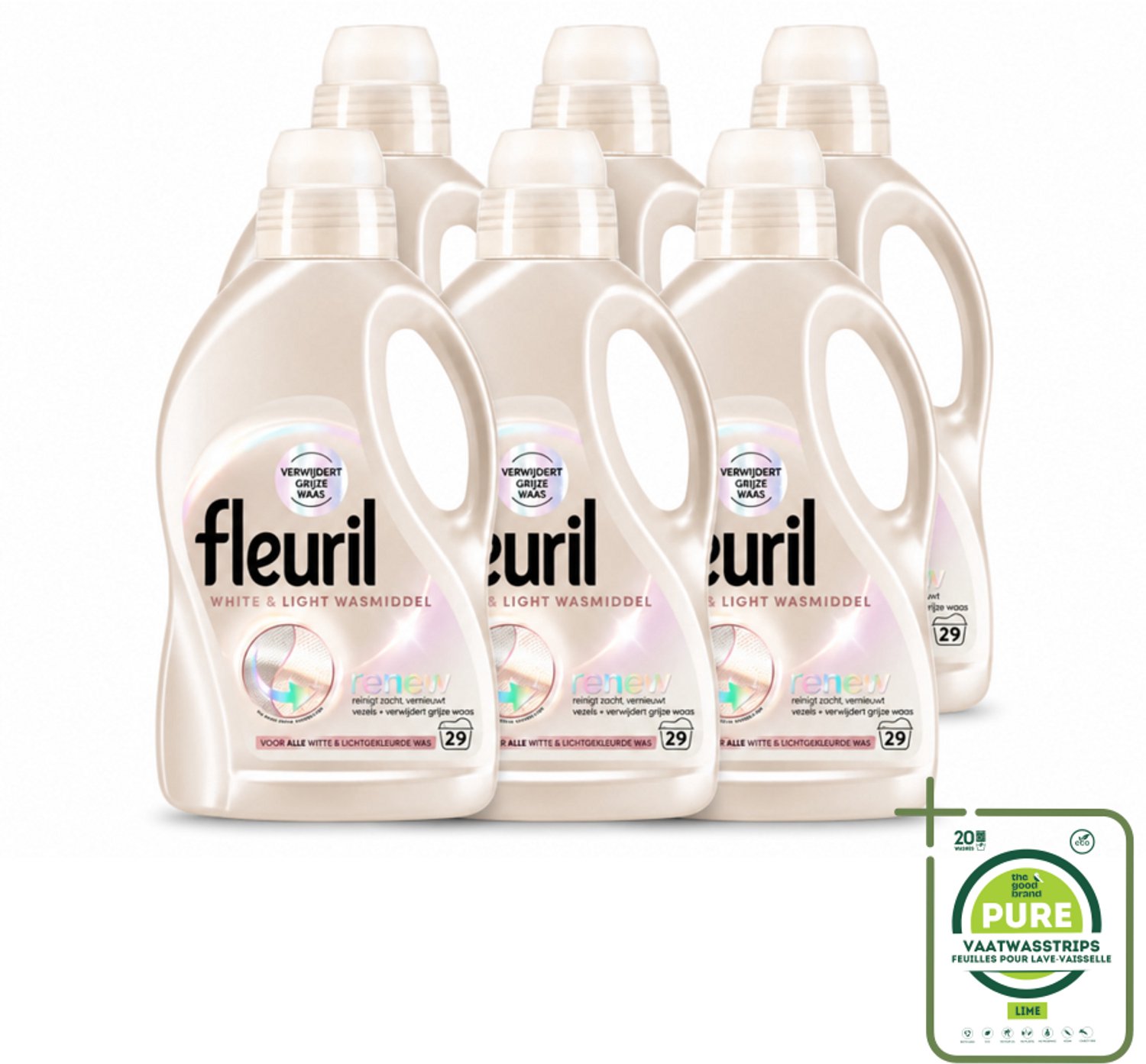 6 x Fleuril - Wasmiddel - White & Light Wasmiddel - Witte & Lichte Was - 29 wasbeurten - Grootverpakking - Vaatwasstrips - Wit Wasmiddel - Licht Wasmiddel - Vloeibaar Wasmiddel - Wasbeurten - Helderheid Behouden