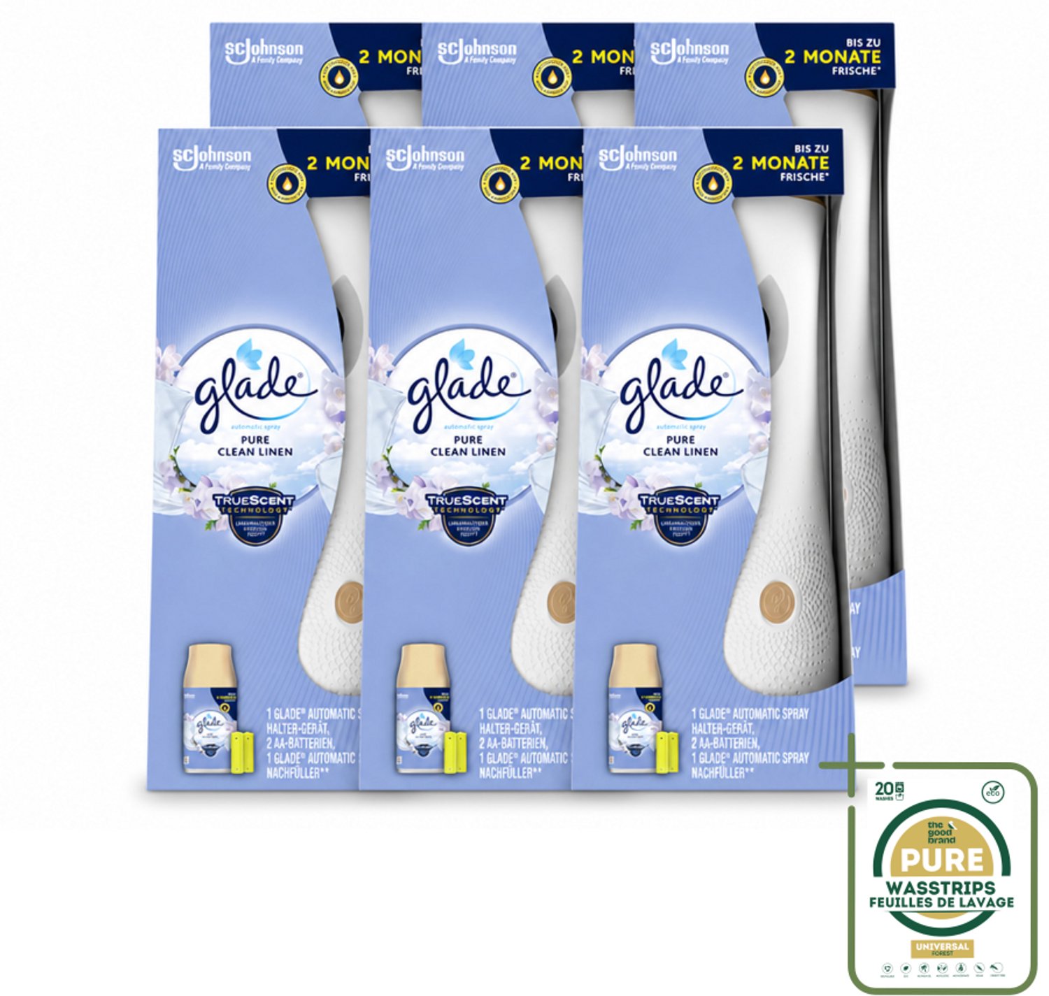 6 x Glade - Startset Automatische Spray - Pure Clean Linen - 269 ml - Wasstrips - Automatische Luchtverfrisser - Frisheid In Huis - Geur In De Woonkamer - Geur In De Hal - Geur In De Slaapkamer
