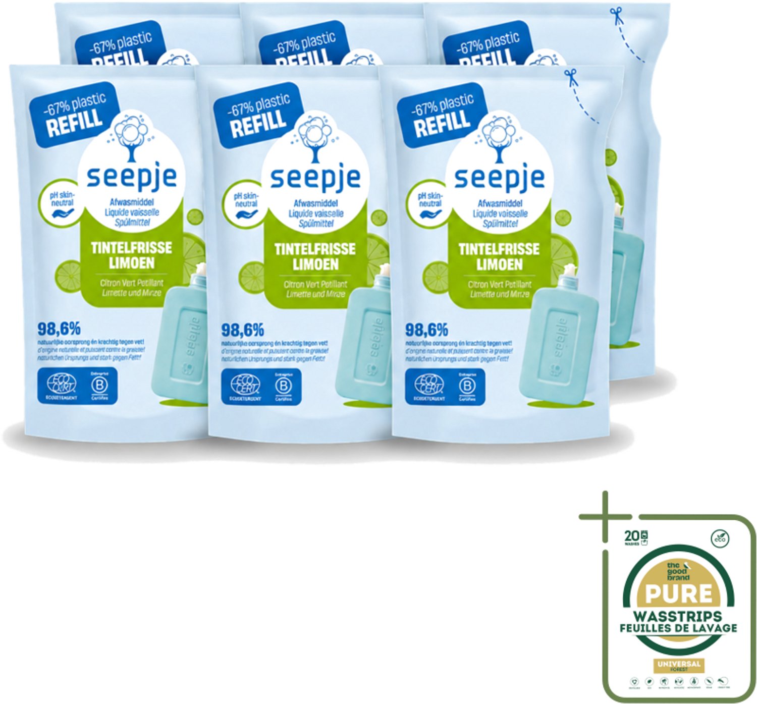 6 x Seepje - Afwasmiddel - Duurzaam & Herbruikbaar - Re-fill - Tintelfrisse Limoen Geur - 500 ml - Wasstrips - Afwasmiddel - Duurzaam Afwasmiddel - Refill Afwasmiddel - Limoengeur - Milieuvriendelijk Afwasmiddel