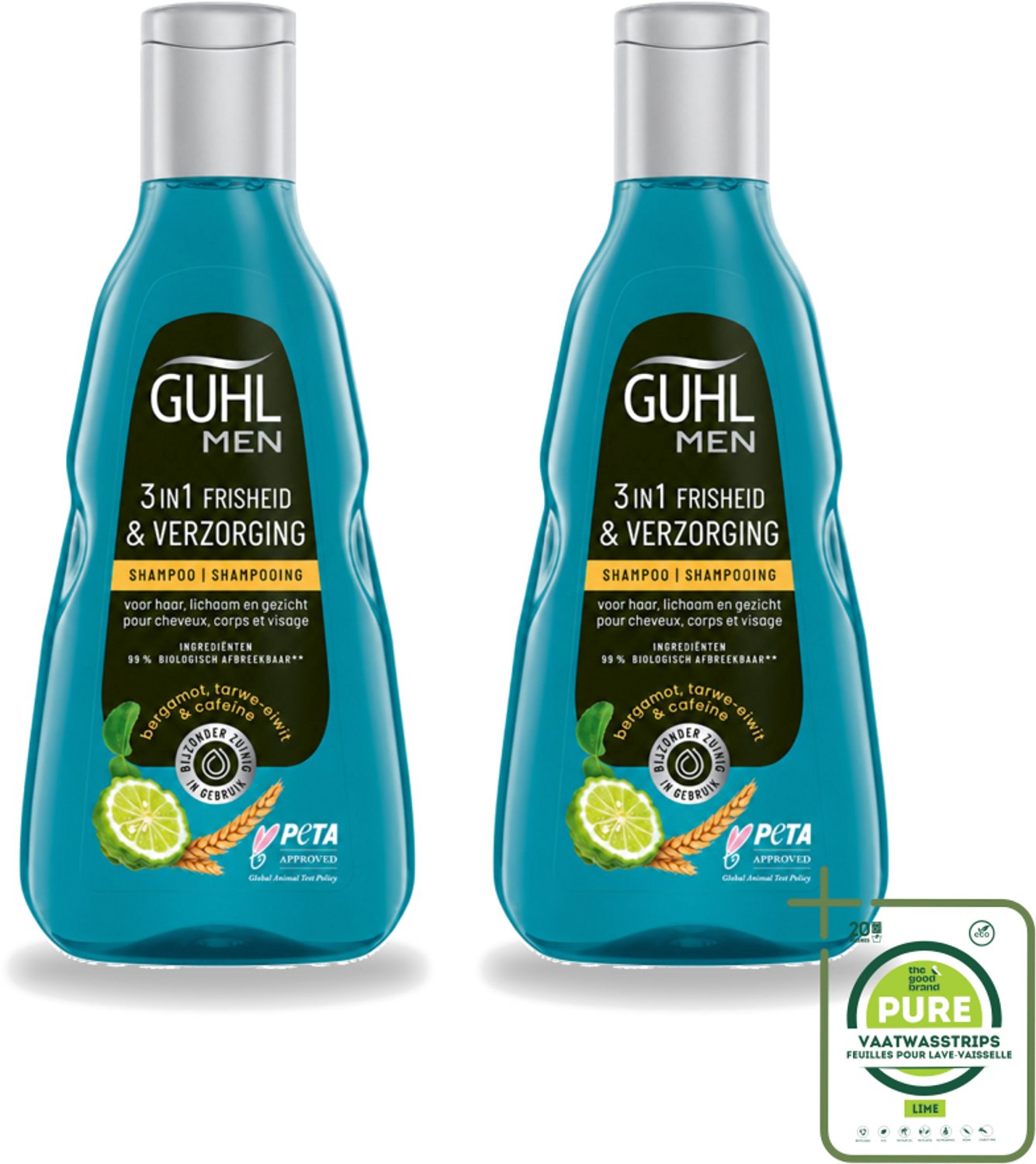 2 x Guhl - 3-in-1 Shampoo - Freshness & Care Man - 250 ml - Grootverpakking - Vaatwasstrips - 3-in-1 Shampoo - Mannelijk Haar - Mannelijk Lichaam - Frisheid - Energie