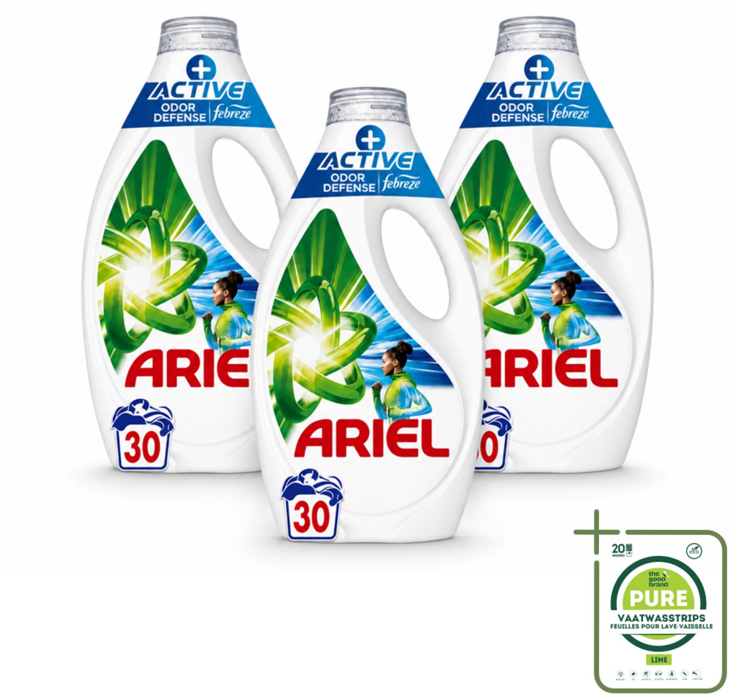 3 x Ariel - Vloeibaar Wasmiddel - +Actieve Odor Defense - 30 Wasbeurten - 1,35 liter - Grootverpakking - Vaatwasstrips - Wasmiddel - Geurverwijdering - Zweetgeuren - Vlekken - Wasbeurt