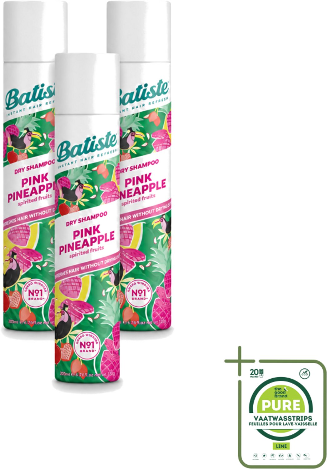 3 x Batiste - Pink Pineapple - Droogshampoo - Friszoete Geur - Verfrist en Geeft Volume - 200ml - Grootverpakking - Vaatwasstrips - Droogshampoo - Fris Haar - Tropisch Haar - Fruitige Geur - Haarkleur