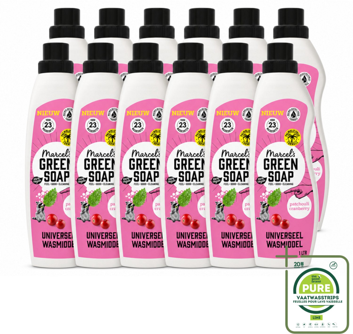 12 x Marcel's Green Soap - Vloeibaar Wasmiddel - Patchouli & Cranberry - Effectief & natuurlijk - 23 Wasbeurten - 1 liter - Grootverpakking - Vaatwasstrips - Wasmiddel - Natuurlijke Zeep - Plantaardig - Milieuvriendelijk - Wasbeurt