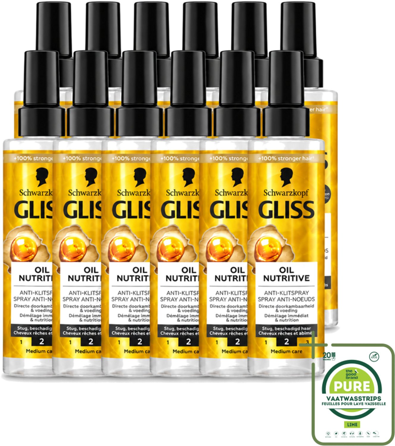 12 x Gliss - Hair Repair - Anti-Klitspray - Oil Nutritive - Makkelijk Doorkambaar Haar - 200 ml - Grootverpakking - Vaatwasstrips - Anti-klit - Klitspray - Voeding Haar - Droog Haar - Gespleten Punten