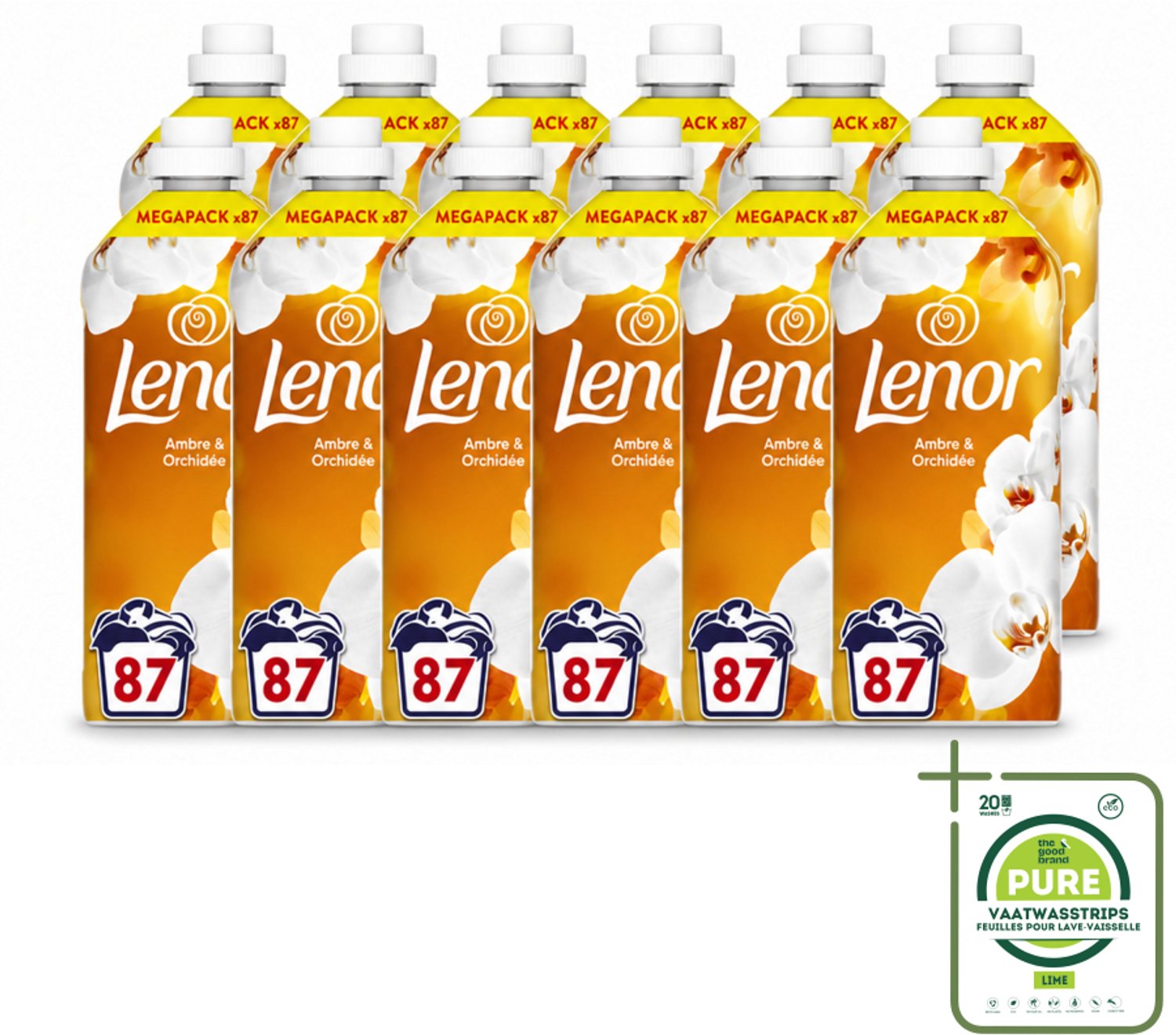 12 x Lenor - Wasverzachter - Amber & Orchidee - Fris & Zacht - 87 Wasbeurten - Grootverpakking - Vaatwasstrips - Wasverzachter - Geur - Frisheid - Ontspanning - Wasgeur