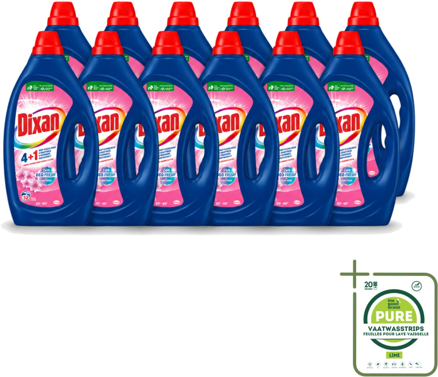 12 x Dixan - Vloeibaar wasmiddel - Fresh Pink - 32 wasbeurten - Grootverpakking - Vaatwasstrips - Wasmiddel - Wasgeur - Frisse Geur - Vlekverwijdering - Wasmachine