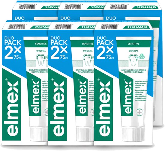 Elmex Sensitive tandpasta duopack, 6 stuks met elk 2 tubes van 75 ml in een wit-groene verpakking.