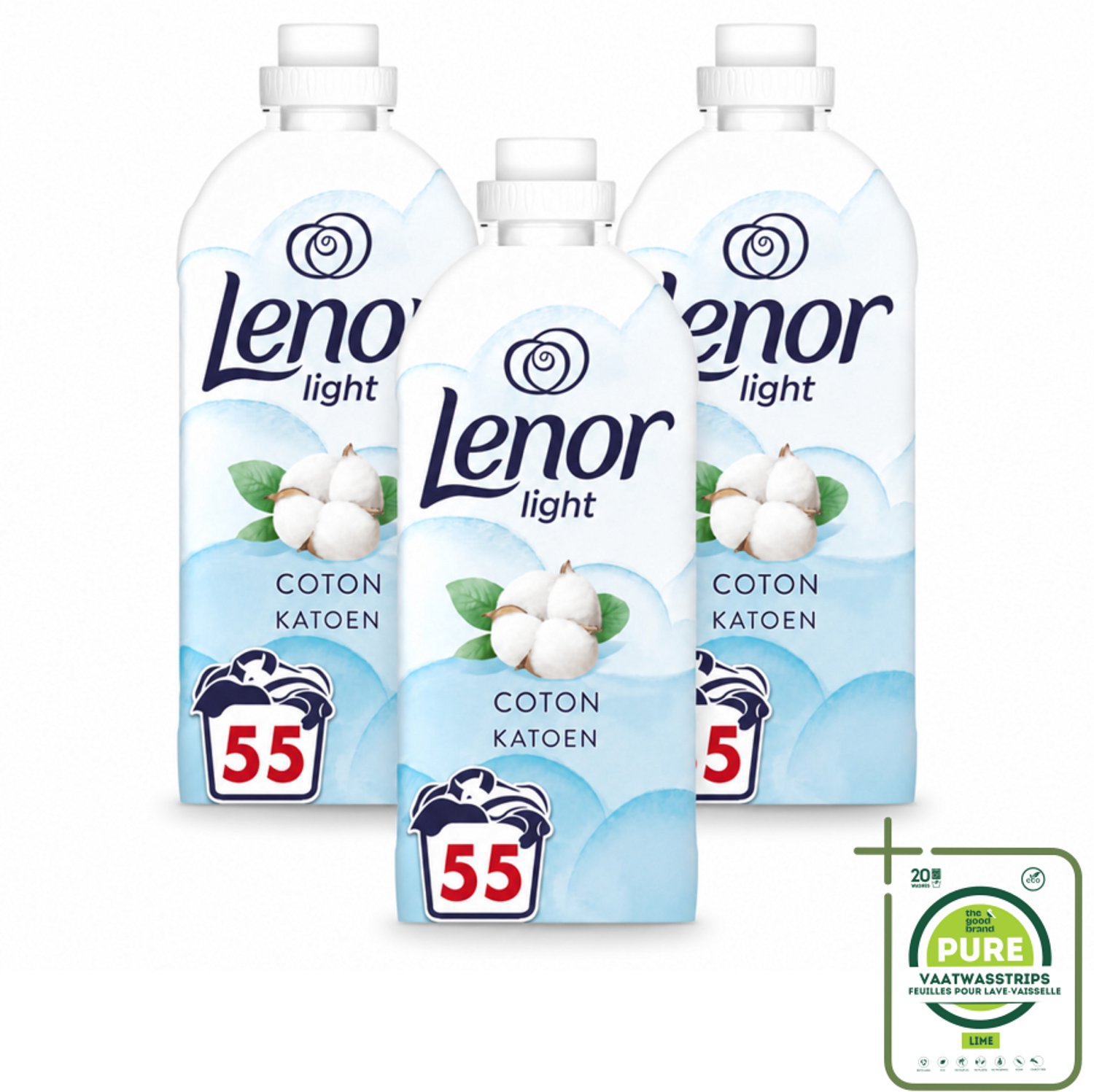 3 x Lenor Light - Wasverzachter - Katoen - Fris & Zacht - 55 Wasbeurten - Grootverpakking - Vaatwasstrips - Wasverzachter Katoen - Wasverzachter Fris - Wasverzachter Katoen Bloesem - Wasverzachter Milde Frisheid - Wasverzachter Zachte Was