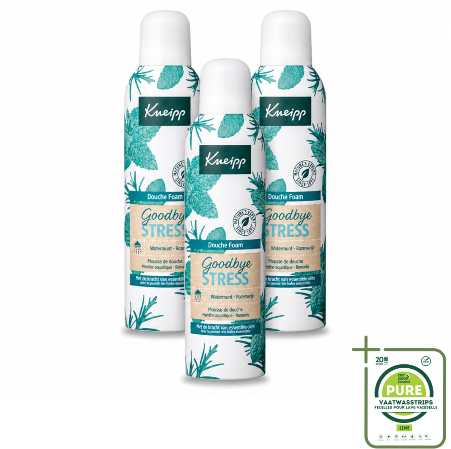 3 x Kneipp - Douche schuim - Goodbye Stress - Watermunt & Rozemarijn - 200 ml - Grootverpakking - Vaatwasstrips - Douche Foam - Stress Verlichten - Verfrissend Schuim - Natuurlijke Geur - Huid Verzorging