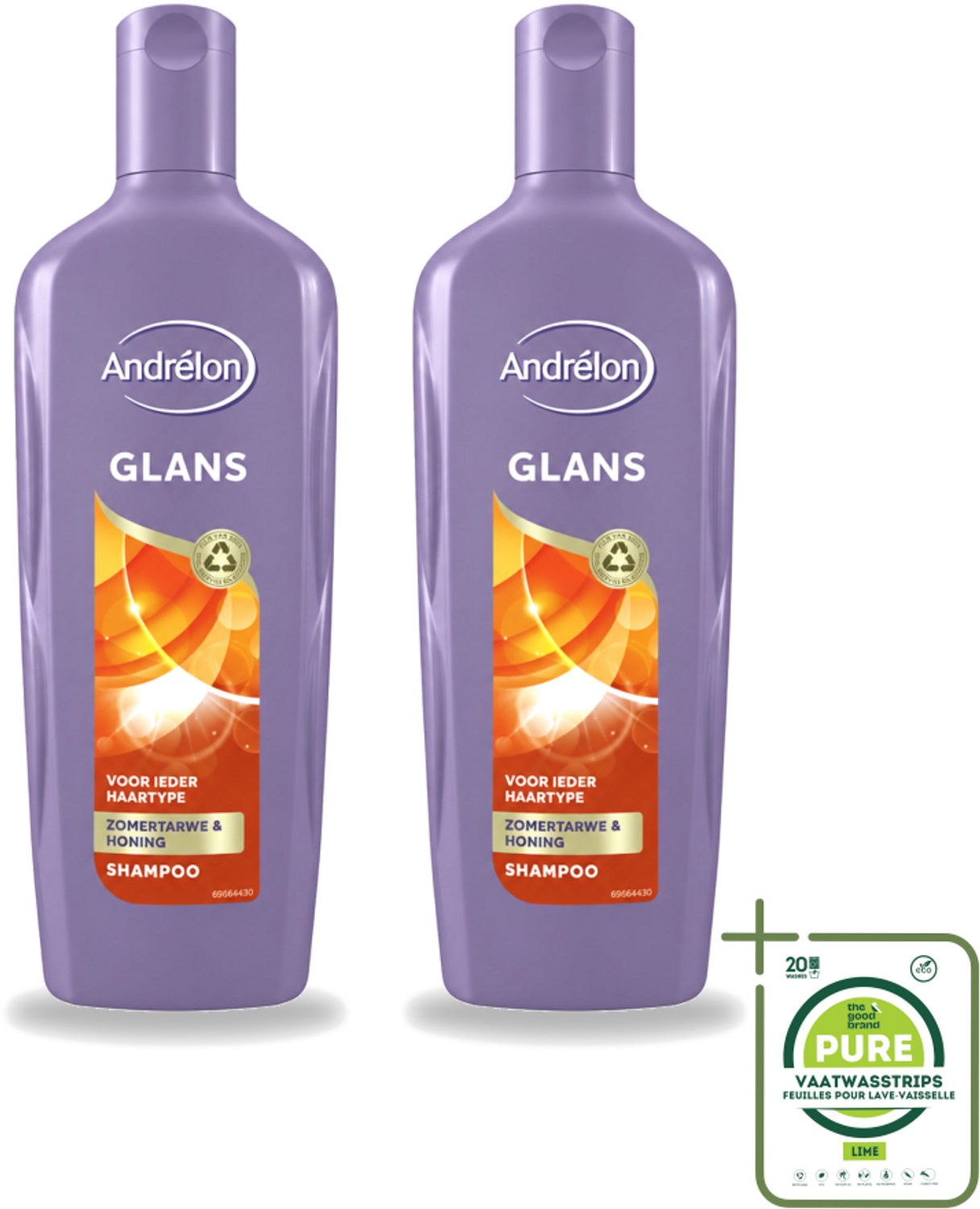 2 x Andrélon - Glans - Shampoo - 300 ml - Grootverpakking - Vaatwasstrips - Glans Haar - Natuurlijke Glans - Zomertarwe Shampoo - Honing Shampoo - Stralend Haar