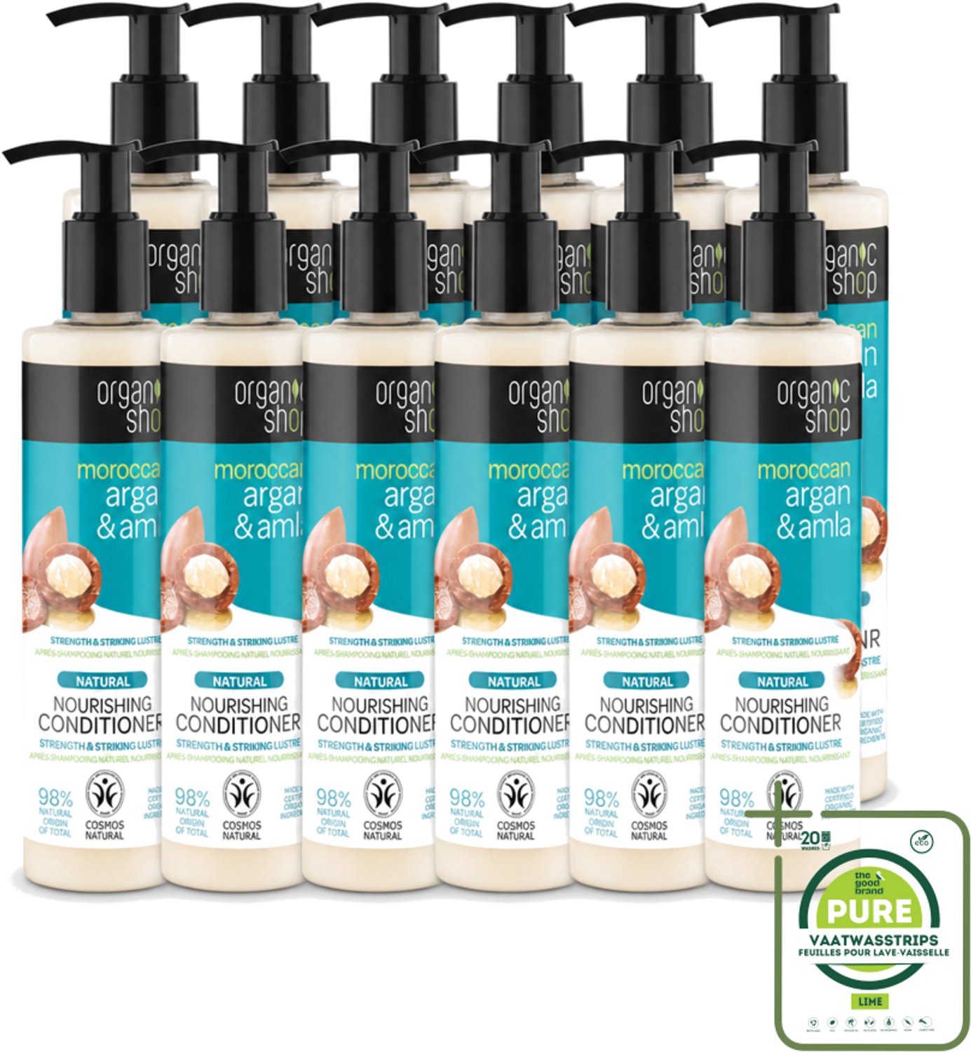 12 x Organic Shop - Conditioner Argan & Amla - Hydraterend en Verzorgend - 280 ml - Grootverpakking - Vaatwasstrips - Gekleurd Haar - Glans - Voeding - Natuurlijke Kleur - Haar Verzorging