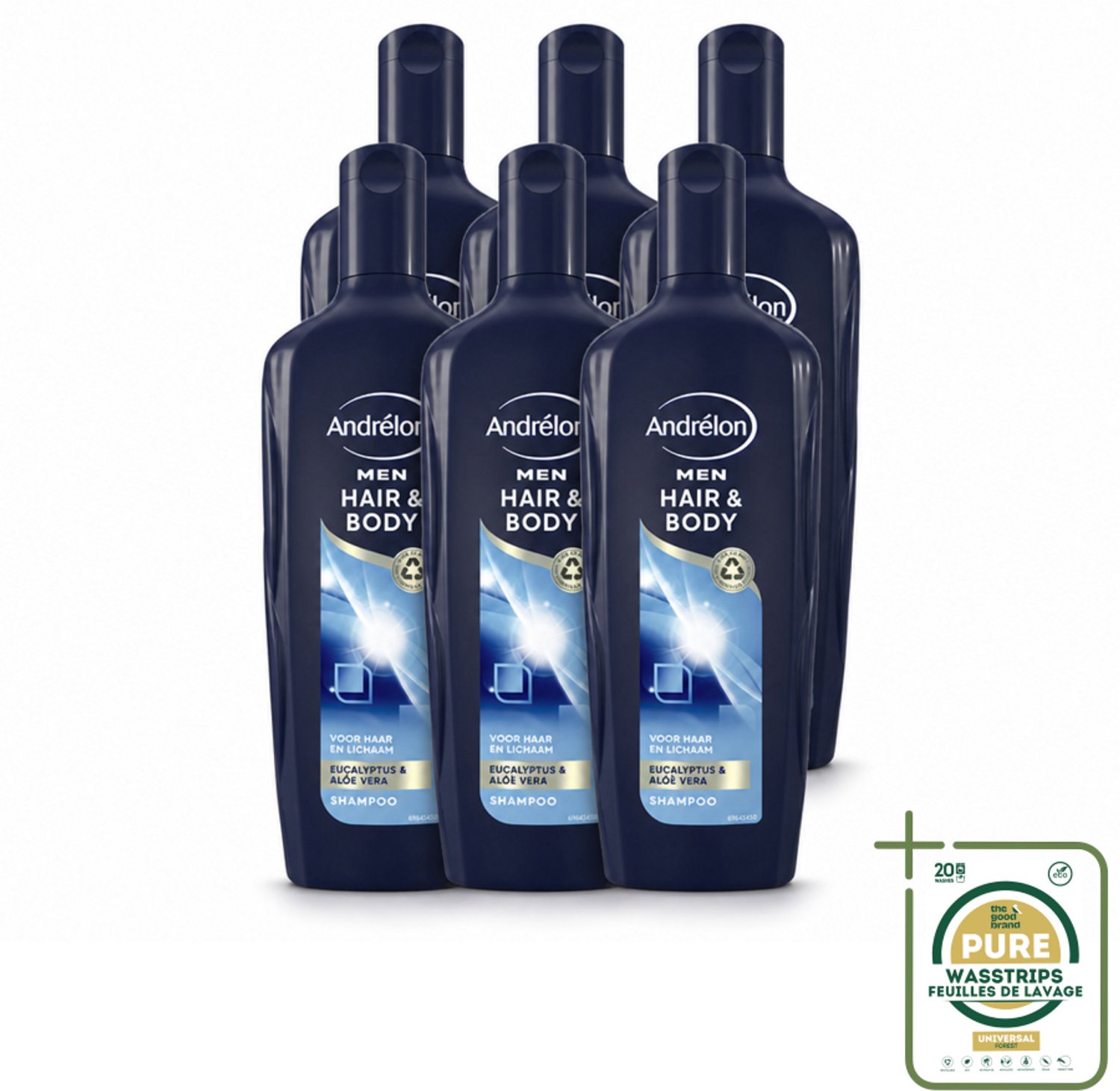 6 x Andrélon - Men - Hair & Body - Shampoo - 300 ml - Wasstrips - Shampoo Voor Mannen - Bodywash Voor Mannen - Haar En Lichaam Verzorgen - Eucalyptus Shampoo - Aloë Vera Bodywash