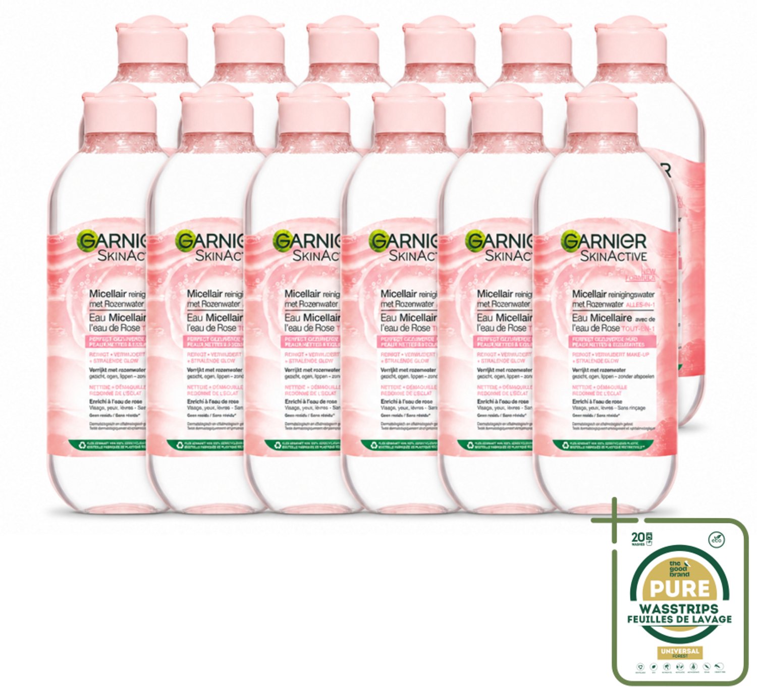 12 x Garnier - SkinActive - Micellair Reinigingswater - Rozenwater - Stralende Huid - 400 ml - Wasstrips - Micellair Reinigingswater - Rozenwater - Stralende Huid - Gezicht Reinigen - Make-up Verwijderen