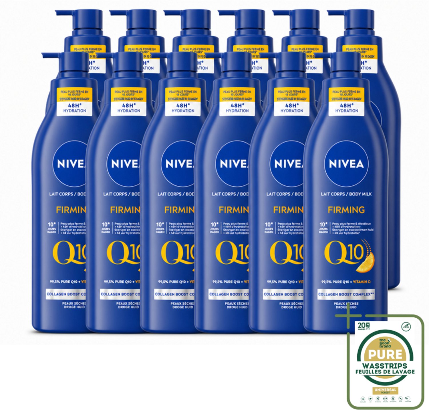 12 x Nivea - Q10 - Verstevigende Bodylotion met Pomp - Vitamine C - 48 uur Hydratatie - Voor Droge Huid - 400 ml - Wasstrips - Droge Huid Verzorging - Verstevigende Bodylotion - Q10 Bodylotion - Vitamine C Bodylotion - Hydratatie Huid