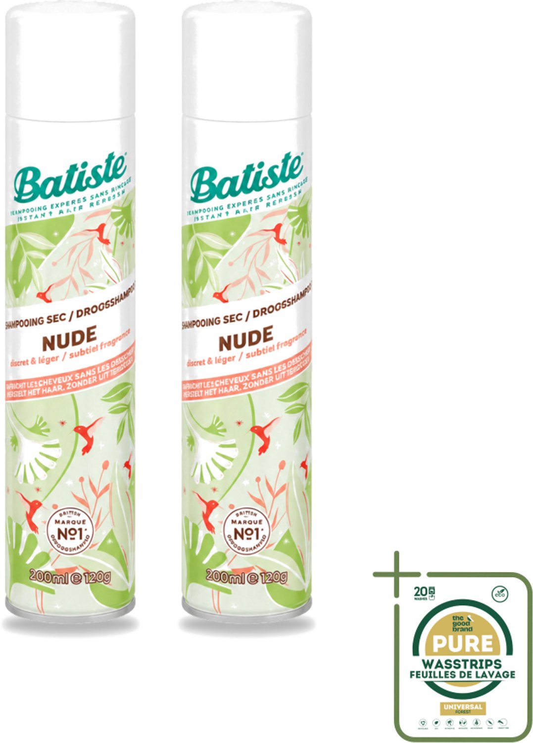 2 x Batiste - Nude - Droogshampoo - Frisse Look - Volume en Textuur - 200ml - Wasstrips - Droogshampoo - Fris Haar - Droog Haar - Vet Haar - Haartype