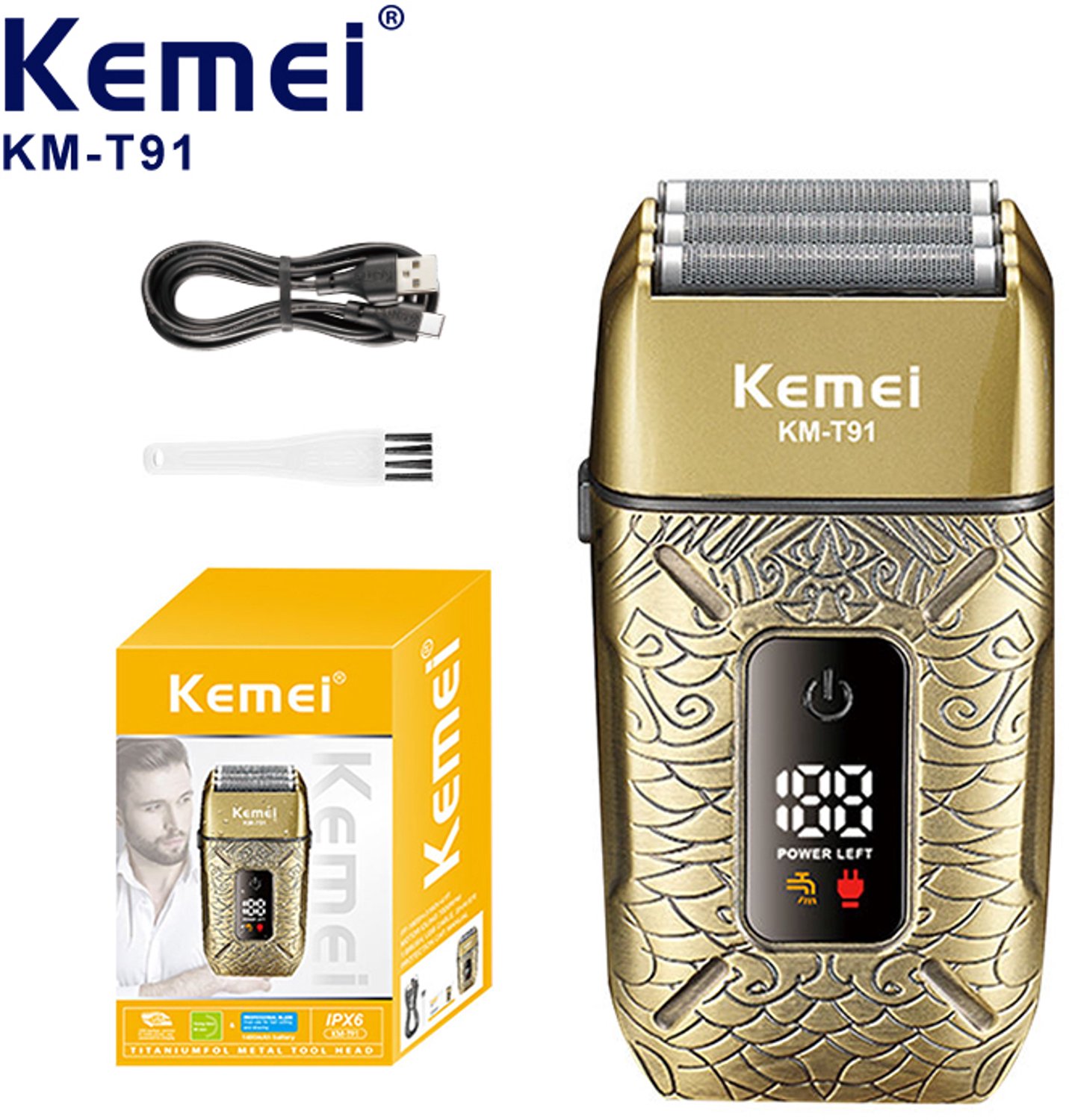 KEMEI Km-T91 1400mAh Retro Draadloos Elektrisch Scheerapparaat Mannen IPX6 7000RPM Roestvrij Staal Drievoudig Mes LED USB Opladen Baardtrimmer