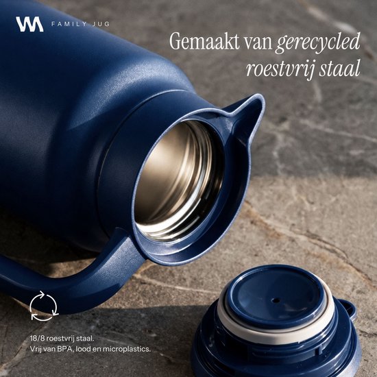 VANN® 3-wandige RVS Thermoskan 1.5L – Isoleerkan – Schenkkan met Drukknop – Voor Koffie, Thee, IJswater & Meer – VANN® Family Jug – Dark Blue — cadeau in Koken & Dineren - foto 3