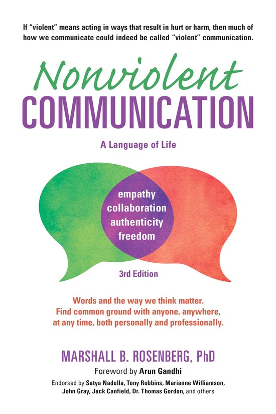 Boekomslag van 'Nonviolent Communication: A Language of Life' in de 3e editie, met paarse en groene tekst, met twee overlappende spraakballonnen die empathie, samenwerking, authenticiteit en vrijheid vertegenwoordigen.