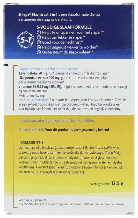 Verpakking met informatie over Shiepz Nachtrust 5 in 1, een voedingssupplement met 30 liquid caps.