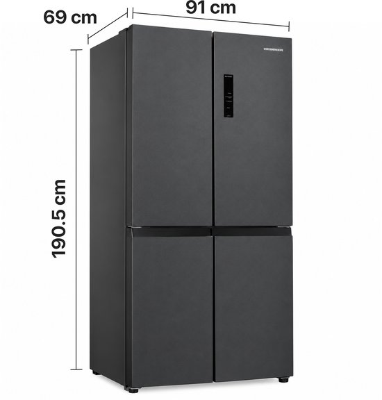 Afmetingen van een donkergrijze Heinner Amerikaanse koelkast: 190.5 cm hoog, 91 cm breed en 69 cm diep.
