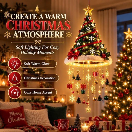 Verlichte kerstboom hanger met ster, met slingers van cadeautjes en sterren. Creëer een warme kerstsfeer.