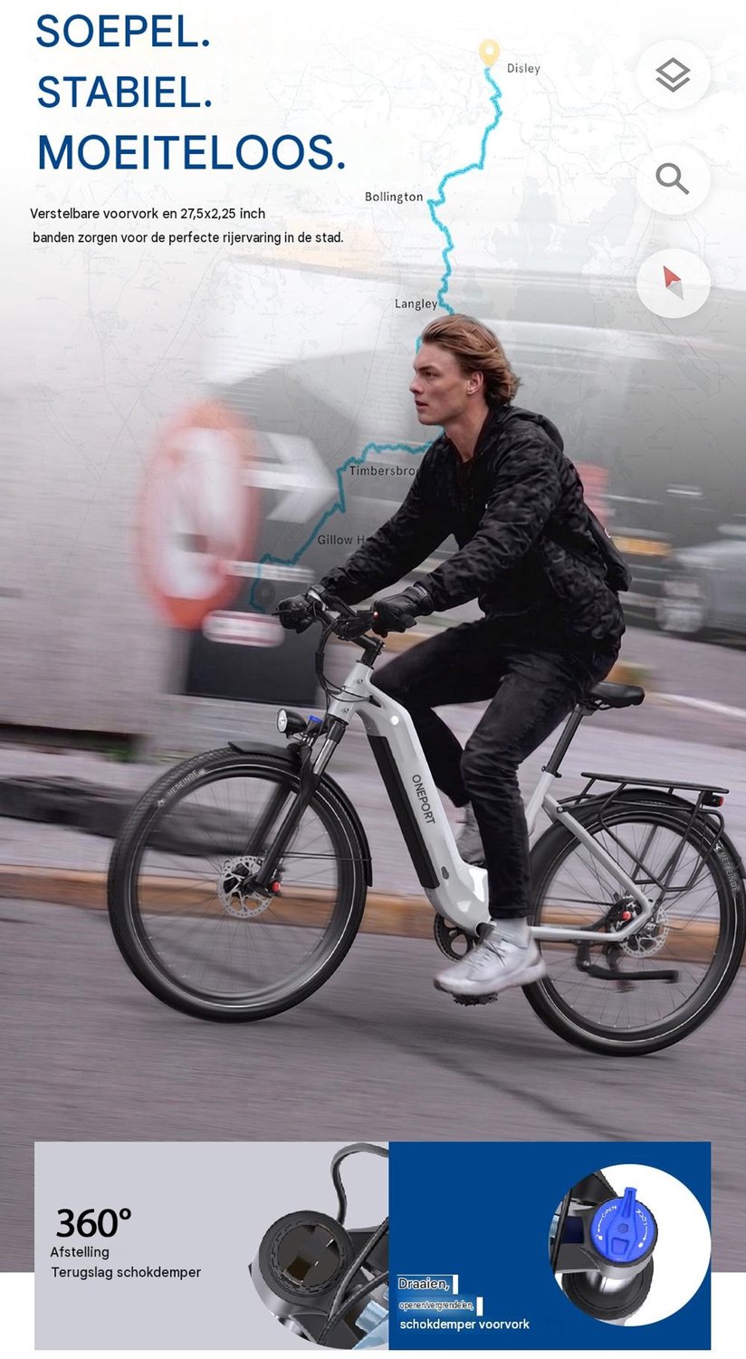 Onesprot WT05 Elektrische Stadsfiets 27,5 inch – Uitneembare 655Wh Accu – Tot 120 km Bereik – Shimano 7-Speed – Hydraulische Remmen –Koppelingssensor –App–Elektrische Fiets –Grijs — afbeelding 4