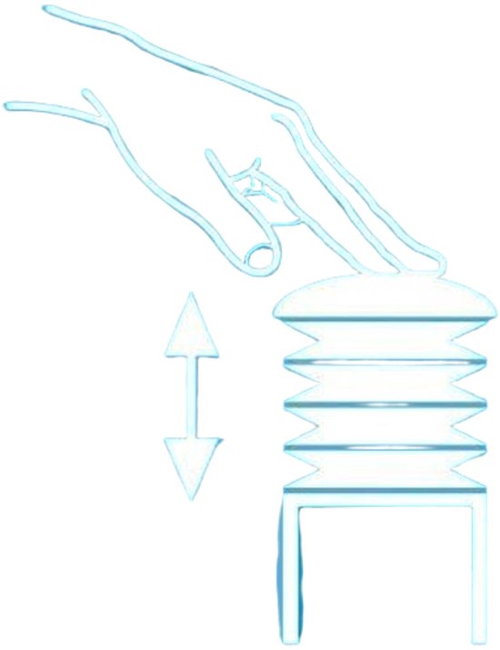Schematische weergave van een hand die een balg bedient, met pijlen die op en neer wijzen.