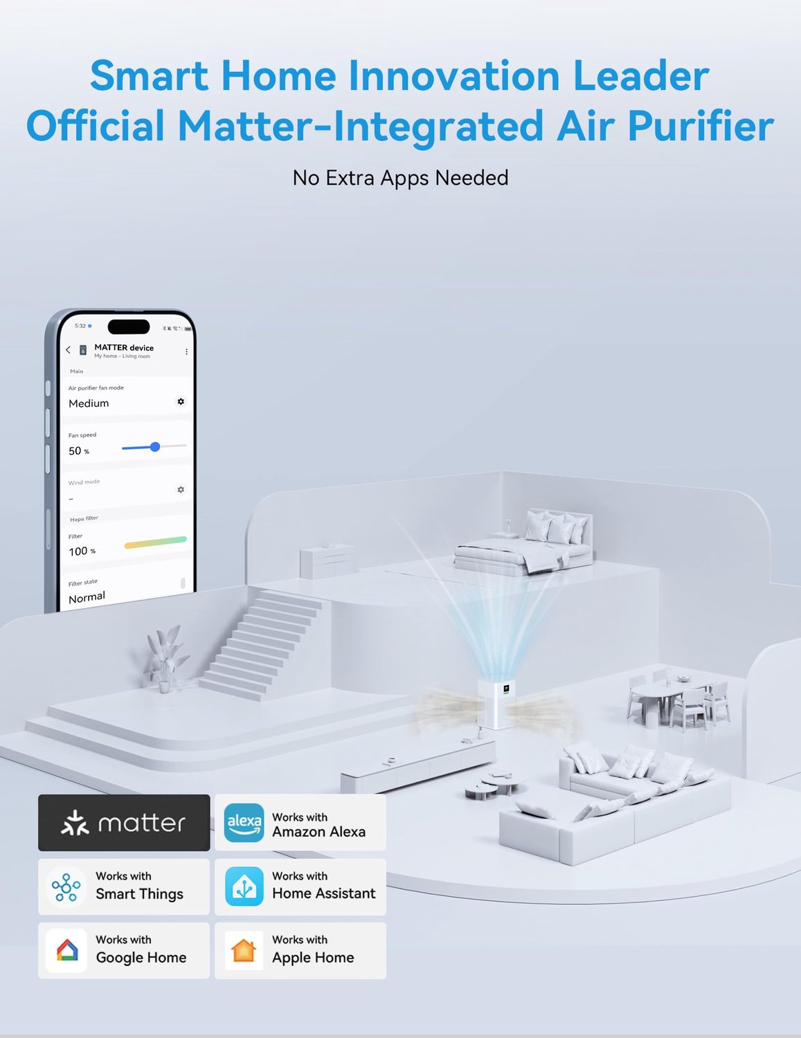 Luchtreiniger Beige - 32 Watt Vermogen - HEPA-filter - Voor 1937 m2 - Smart Home Compatibel - Stille Werking