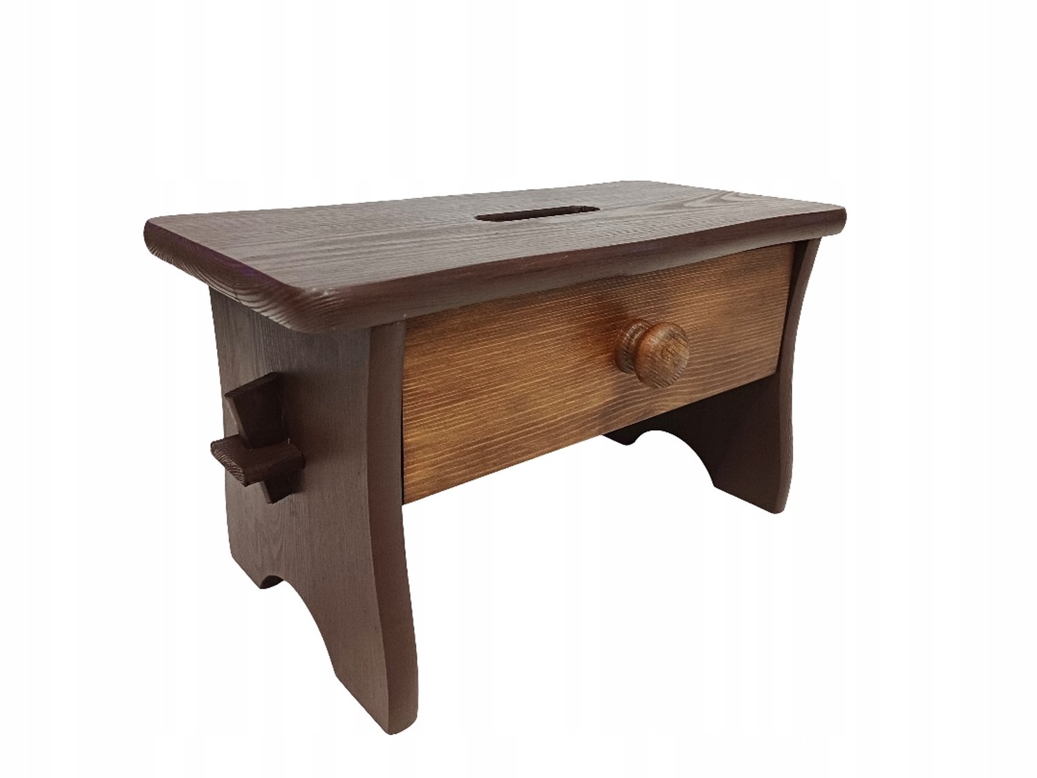 Middelbruine houten kruk met eikenhouten lade
