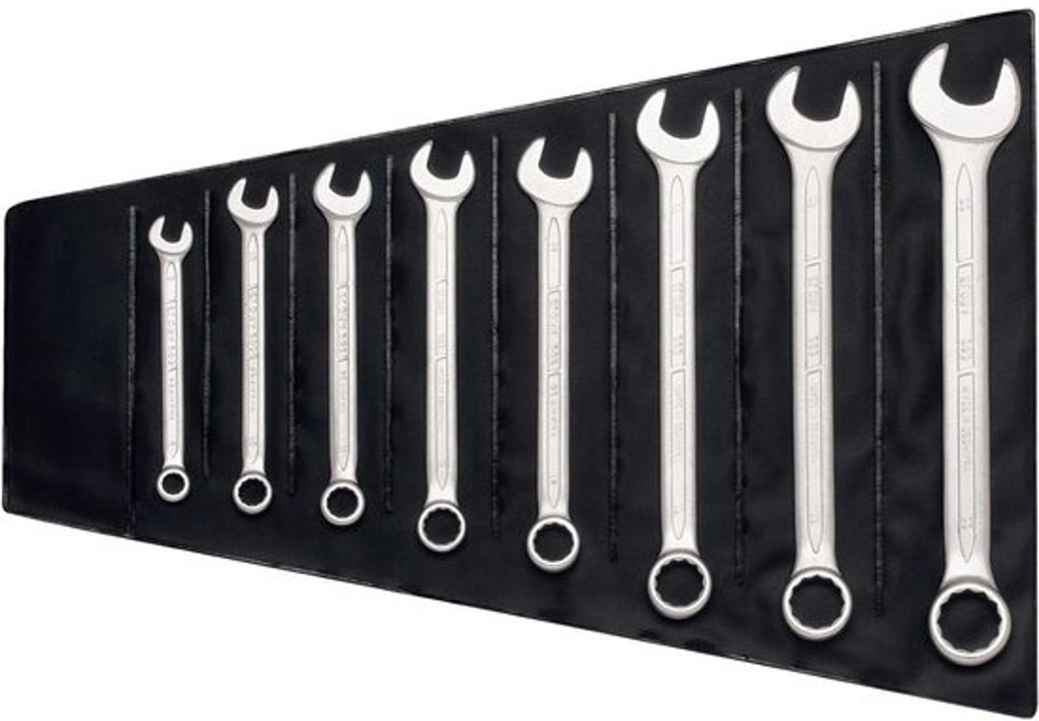 Ringsteeksleutelset - Combinatiesleutels - Voor klussen en onderhoud - Gebogen, mat verchroomd - 12-delig, 6–22 mm - Zilverkleurig