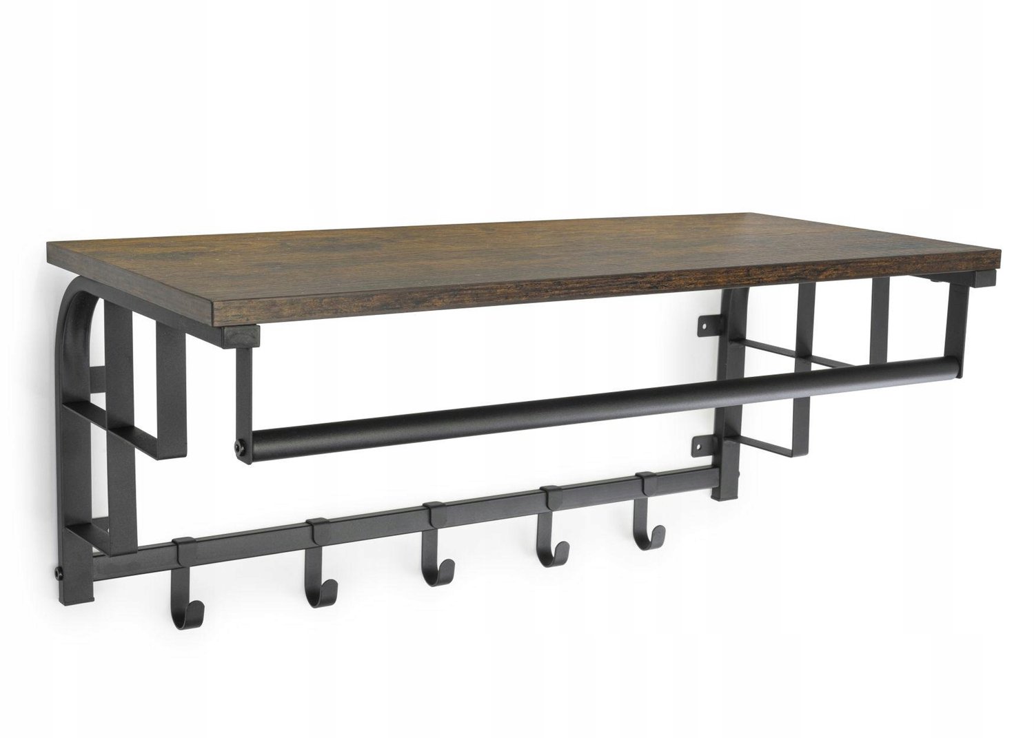 Industriële Wandplank met Kapstok - 5 Haken, Bruin/Zwart