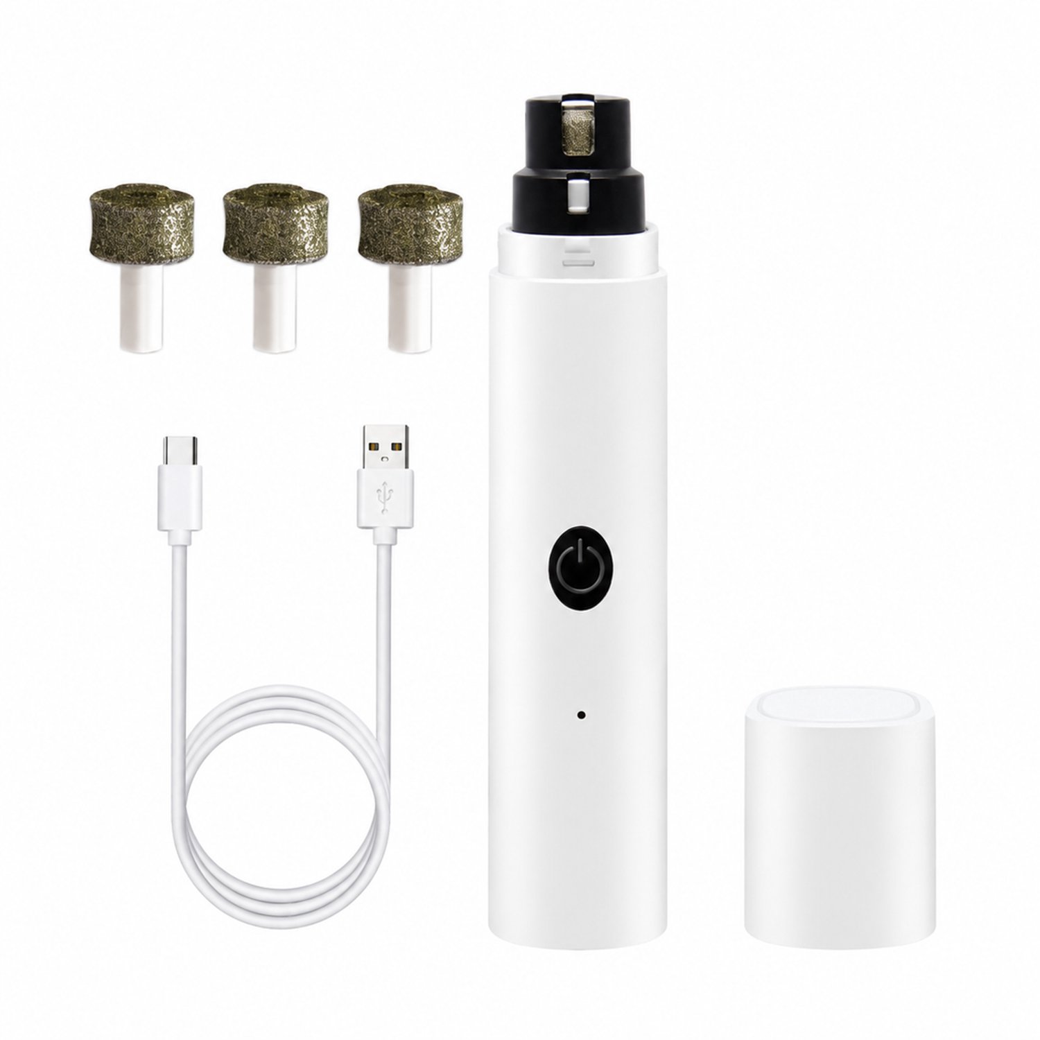 Elektrische nagelknipper voor huisdieren - USB-oplaadbaar - set met 3 slijpkoppen - wit met hoofdapparaat en 2 extra slijpkoppen
