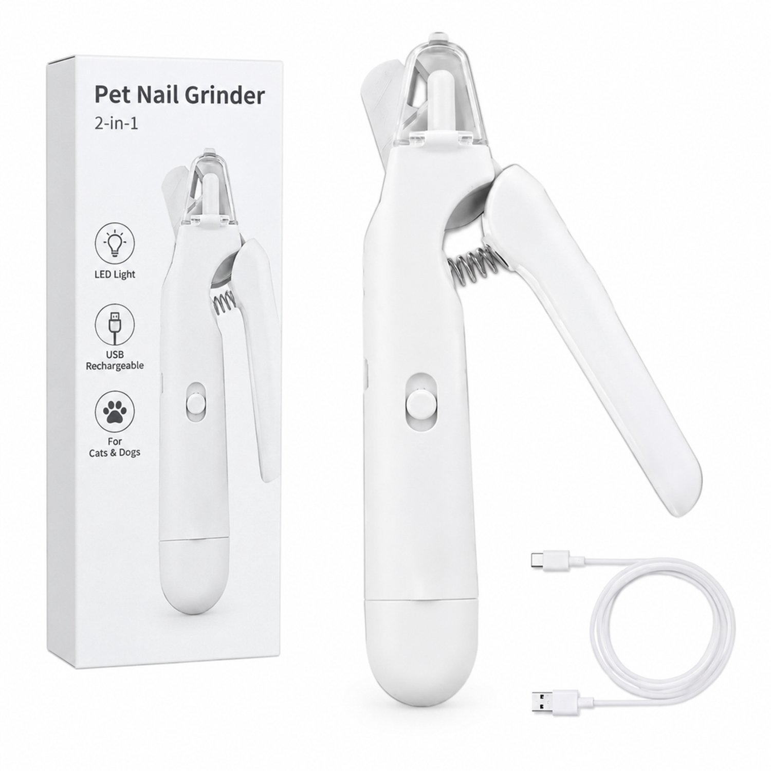 Elektrische nagelknipper voor huisdieren - USB-oplaadbaar - LED-verlichting - wit 2-in-1-model - Engelstalige verpakking