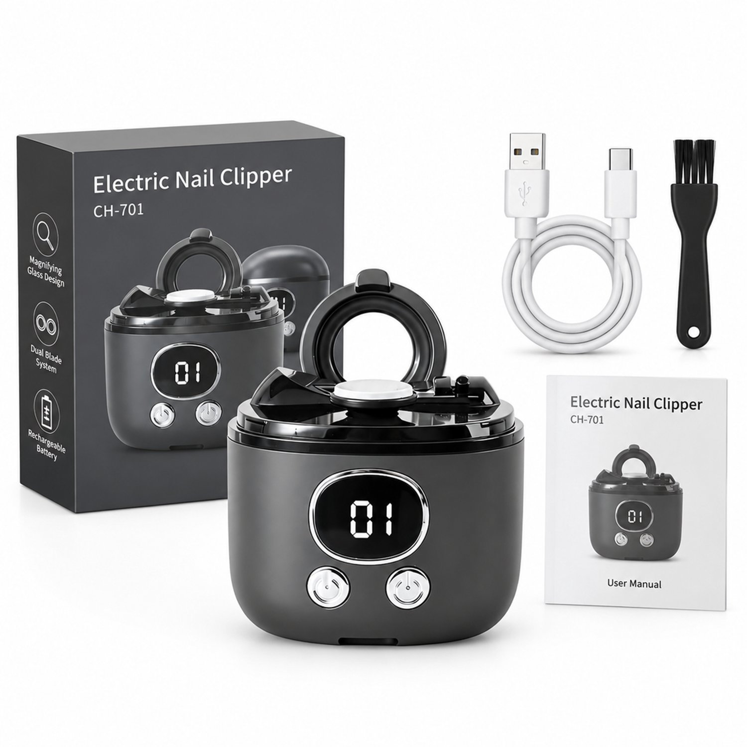 elektrische nagelknipper - model CH-701 - 2-in-1 ontwerp - voor dagelijks thuisgebruik - donkergrijze uitvoering