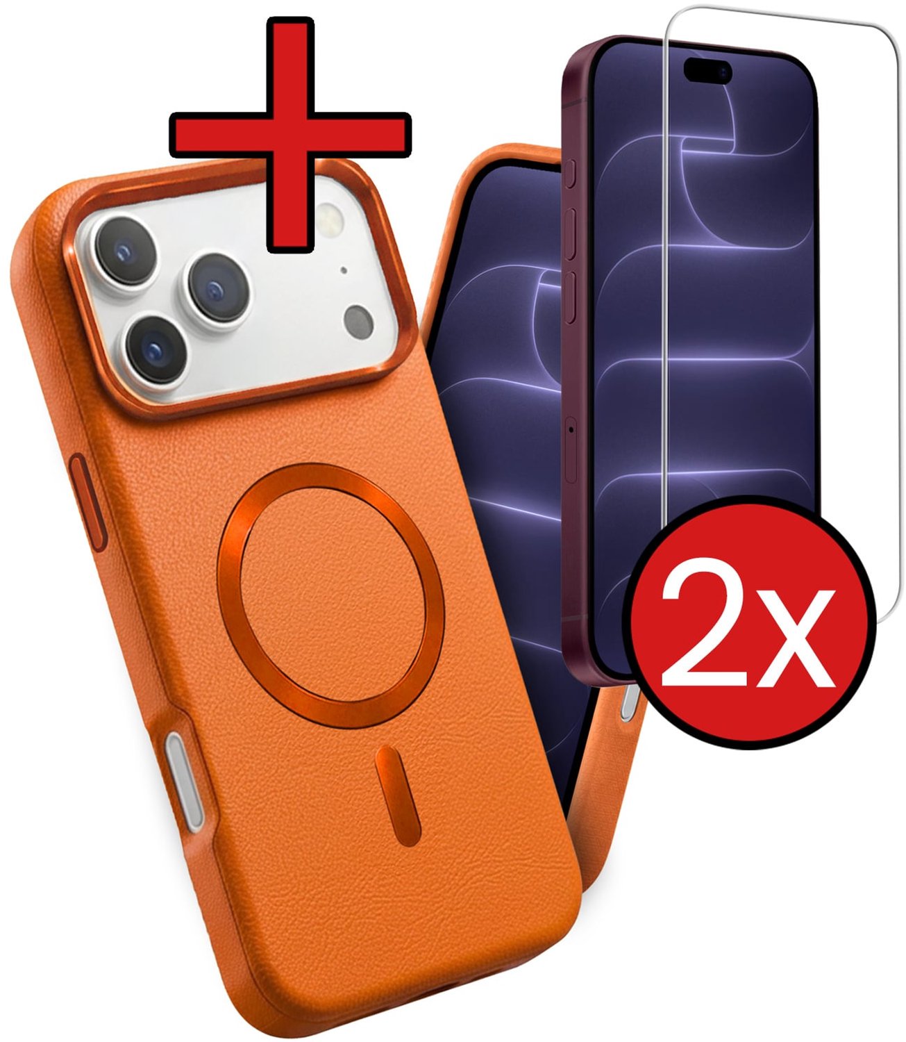Hoesje - Met 2x Screenprotector - Geschikt voor Apple iPhone 18 Pro - Magsafe Compatible - Leer Look - Sterk & Shockproof - Shock Proof Case - Back Cover - Telefoon Hoes - Telefoonhoes - Oranje