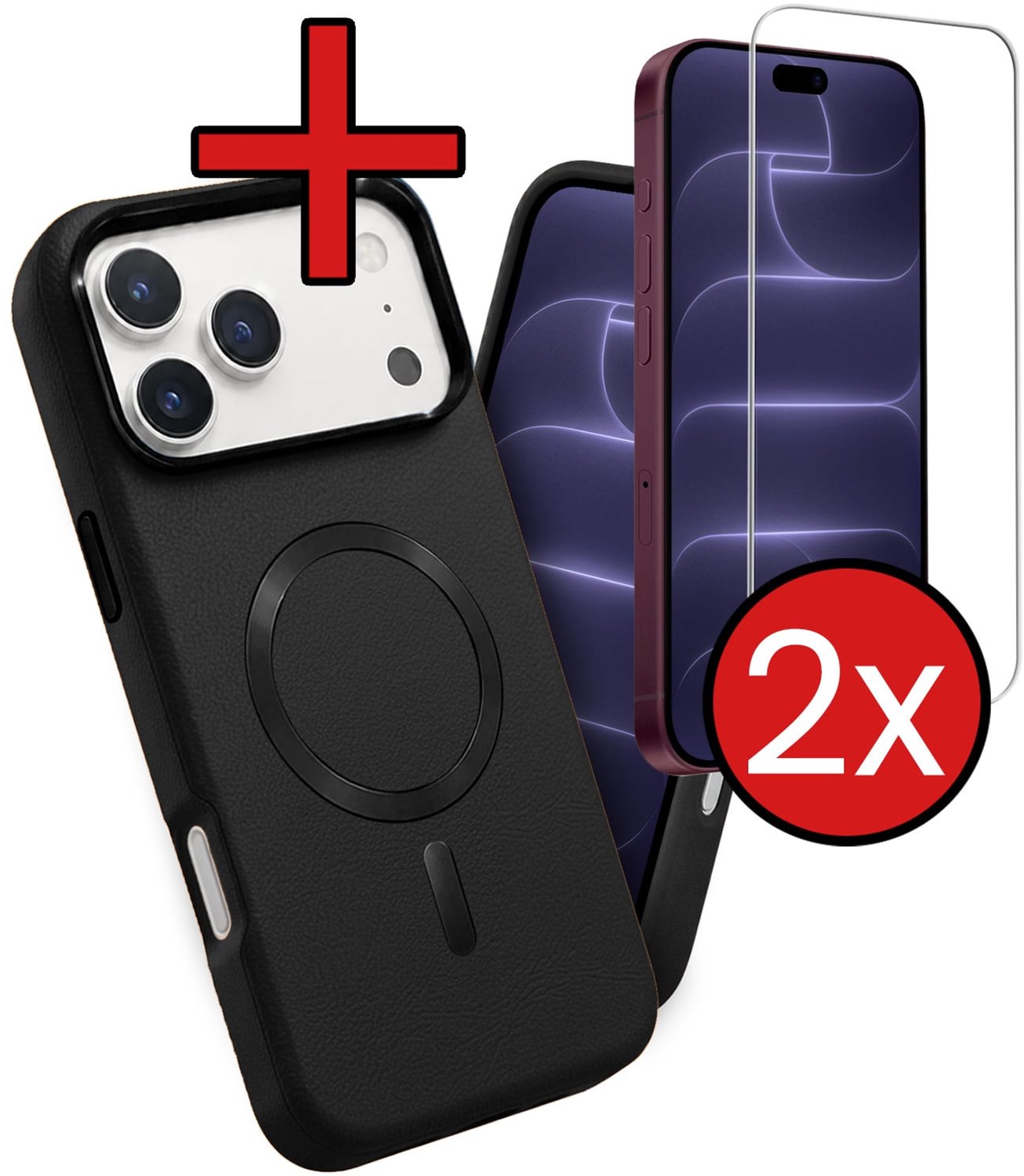 Hoesje - Met 2x Screenprotector - Geschikt voor Apple iPhone 18 Pro - Magsafe Compatible - Leer Look - Sterk & Shockproof - Shock Proof Case - Back Cover - Telefoon Hoes - Telefoonhoes - Zwart