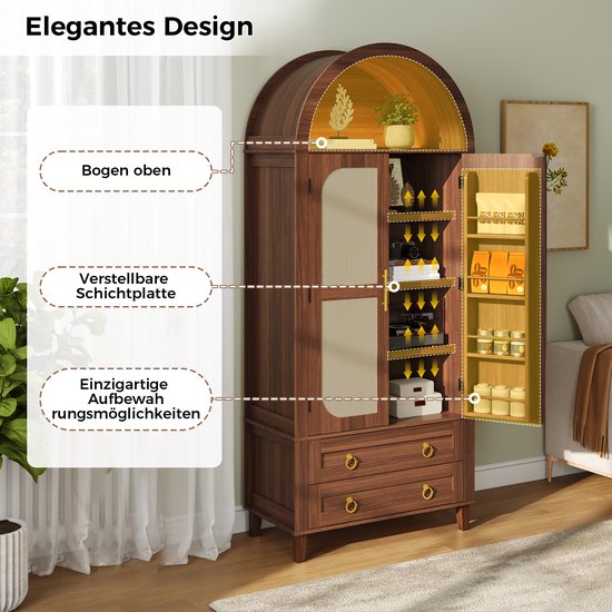 Walnootkleurige kast met boog, verstelbare planken en unieke opbergopties, inclusief tekst 'Elegantes Design'.
