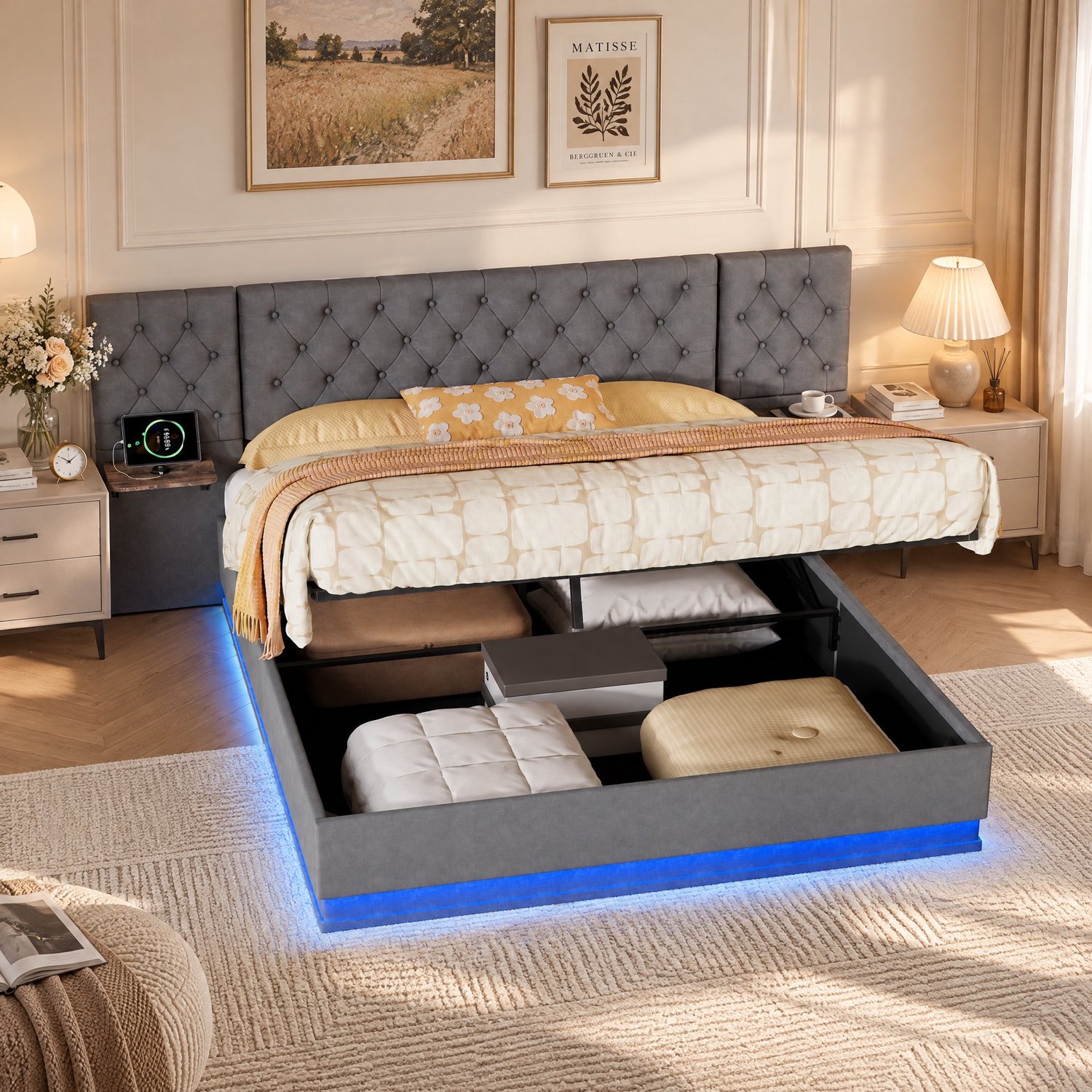 Opbergbed 160x200 cm met ledverlichting en USB-poorten, Tweepersoonsbed met hydraulische lift, Gestoffeerd met 2 houten planken, Linnen Grijs