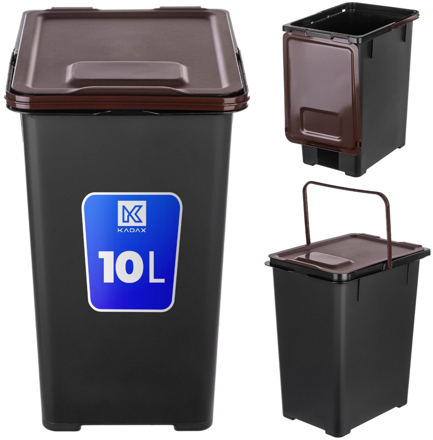 KADAX organisch afvalemmer 10 liter met bruine deksel en draaggreep, compostemmer, kunststof afvalbak voor organisch afval, afvalemmer voor afvalscheiding, organisch afvalemmer voor in de keuken (zwart/bruin, zonder opdruk)