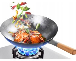 Handgesmede Wok 40cm - Stalen Wok met Houten Handvat - Gasfornuis